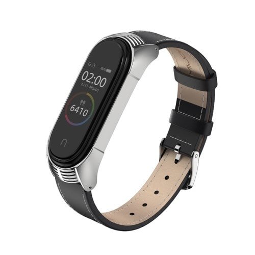 Kožený remienok pre Xiaomi Mi Band 4 ČiernoStrieborný – Obrázok 2