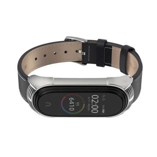Kožený remienok pre Xiaomi Mi Band 4 ČiernoStrieborný – Obrázok 3