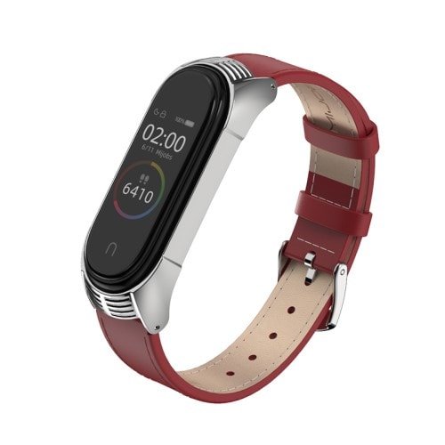 Kožený remienok pre Xiaomi Mi Band 4 ČervenoStrieborný – Obrázok 2