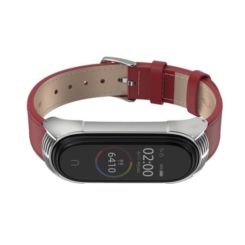 Kožený remienok pre Xiaomi Mi Band 4 ČervenoStrieborný – Obrázok 3