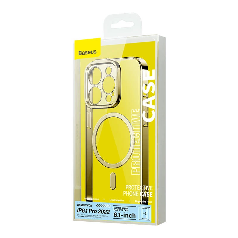 Baseus Glitter Magnetic Case for iPhone 14 Pro (Gold) + tempered glass + cleaning kit sk