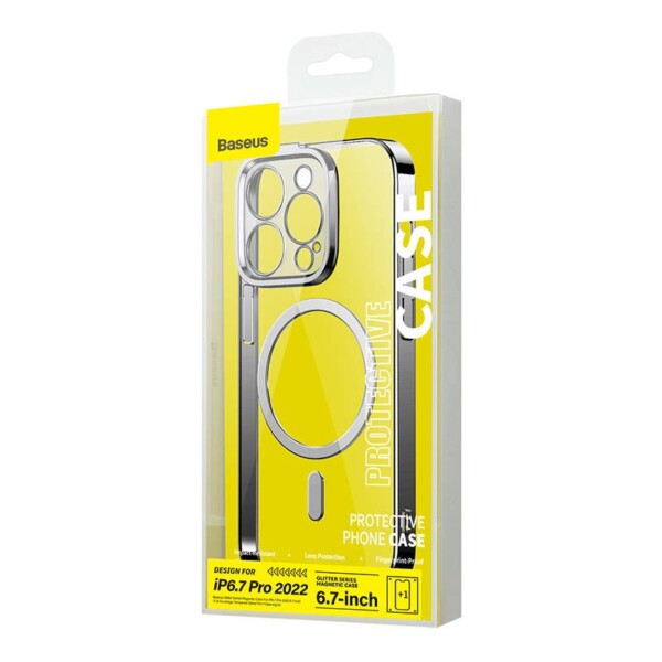 Baseus Glitter Magnetic Case for iPhone 14 Pro Max (Silver) + tempered glass + cleaning kit sk