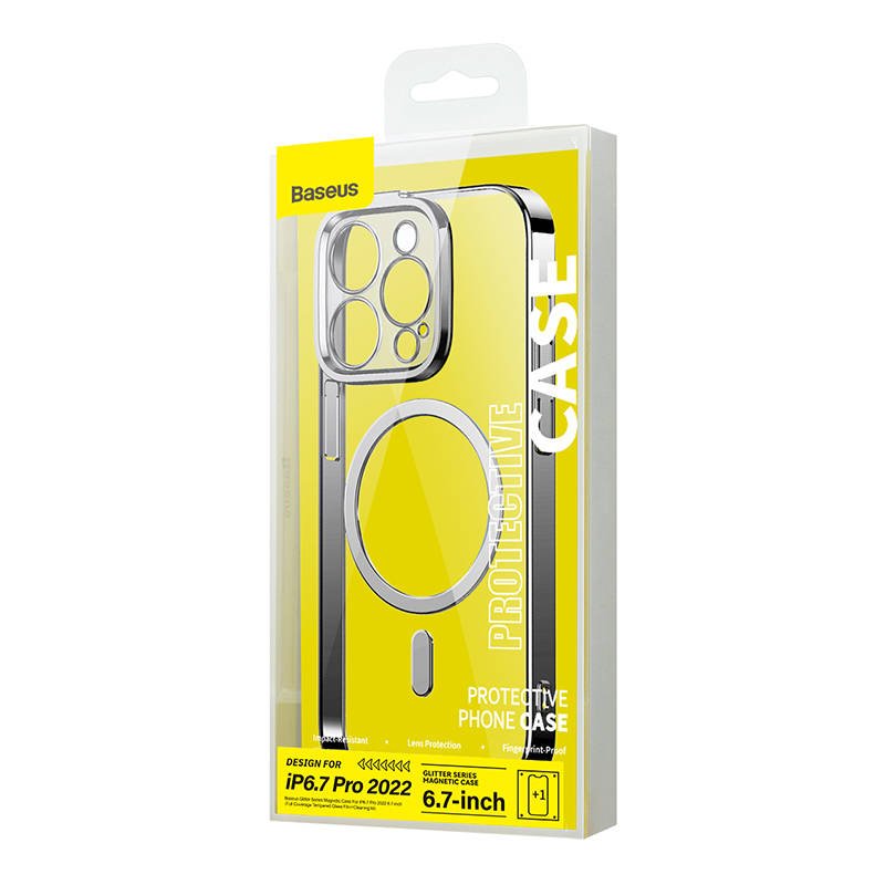 Baseus Glitter Magnetic Case for iPhone 14 Pro Max (Silver) + tempered glass + cleaning kit sk