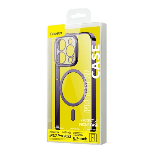 Baseus Glitter Magnetic Case for iPhone 14 Pro Max (purple) + tempered glass + cleaning kit sk