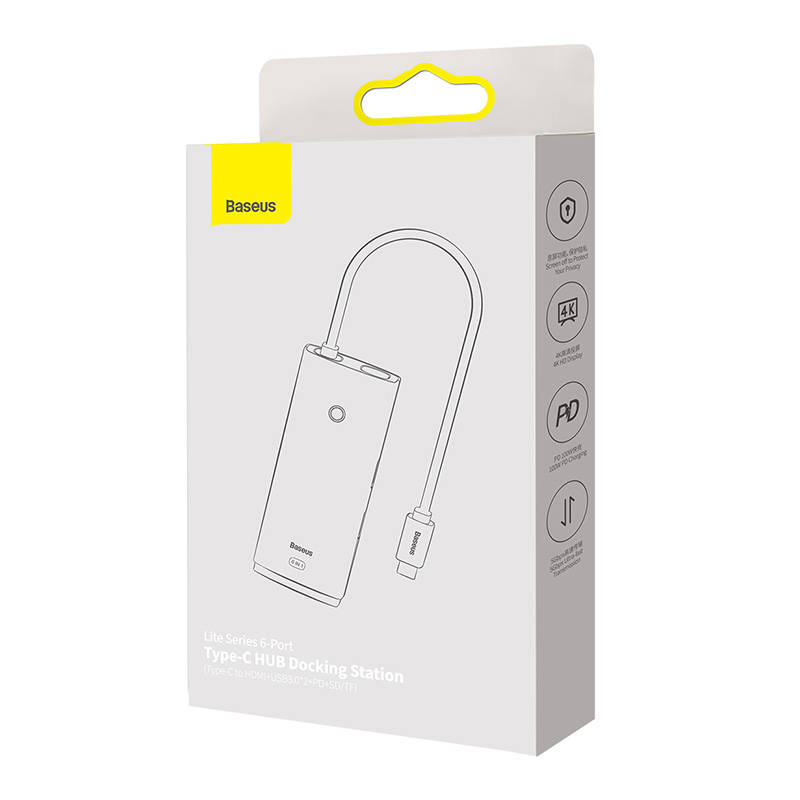 Baseus Lite Series Hub 6w1 USB-C to 2x USB 3.0 + USB-C PD + HDMI + SD/TF (white) sk