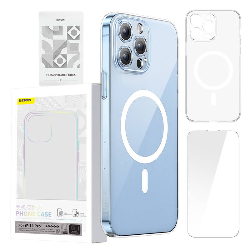 Phone case Baseus Magnetic Crystal Clear for iPhone 14 Pro (transparent) with all-tempered-glass screen protector and cleaning kit