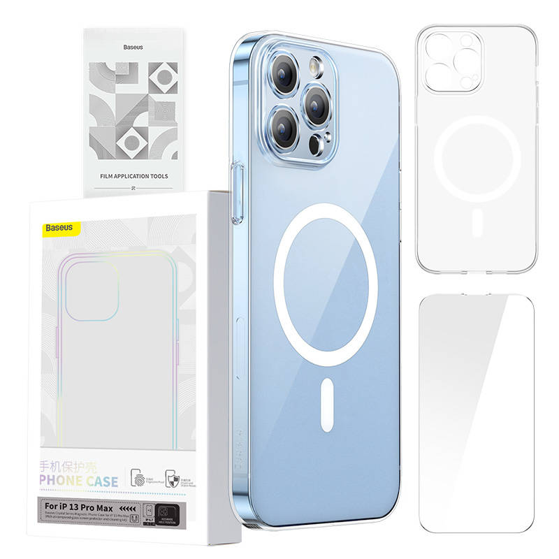 Phone case Baseus Magnetic Crystal Clear for iPhone 13 Pro Max (transparent) with all-tempered-glass screen protector and cleaning kit