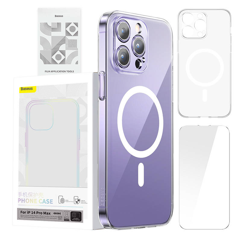 Phone case Baseus Magnetic Crystal Clear for iPhone 14 Pro Max (transparent) with all-tempered-glass screen protector and cleaning kit