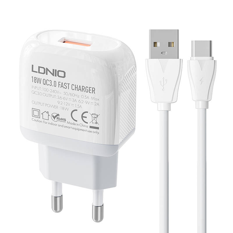 Nástěnná nabíječka LDNIO A1307Q 18W + kabel USB-C