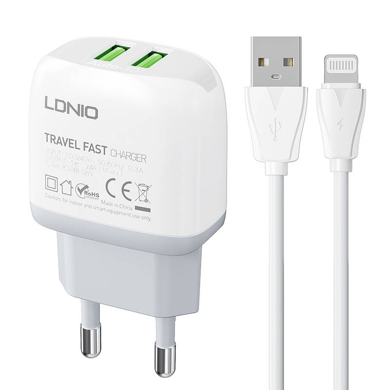 Nástěnná nabíječka LDNIO A2219 2USB + kabel Lightning