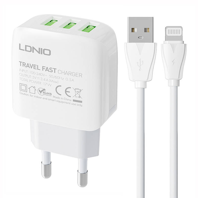 Nástěnná nabíječka LDNIO A3312 3USB + kabel Lightning