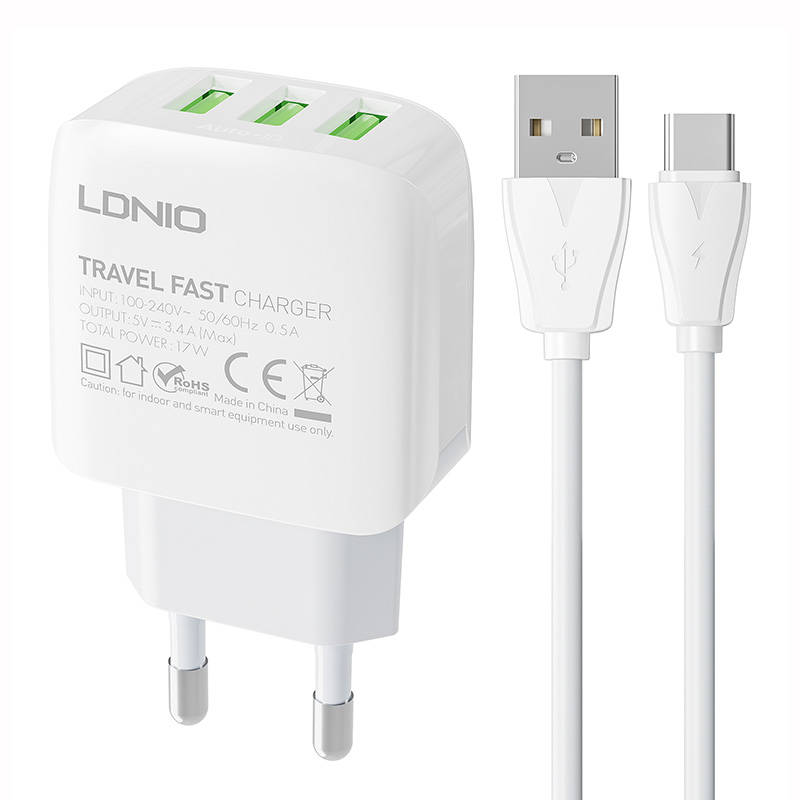 Nástěnná nabíječka LDNIO A3312 3USB + kabel USB-C