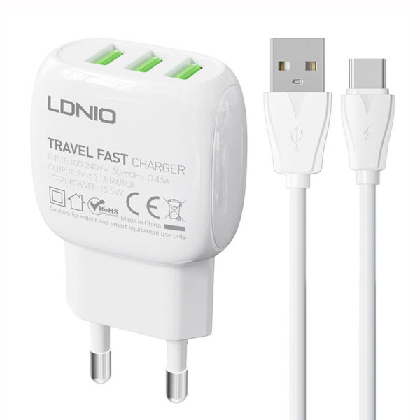 Nástěnná nabíječka LDNIO A3315 3USB + kabel USB-C