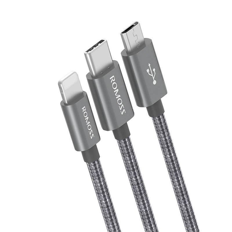 USB kabel Romoss CB25N 3v1 USB-C / Lightning / Micro 3A 1m (šedý)