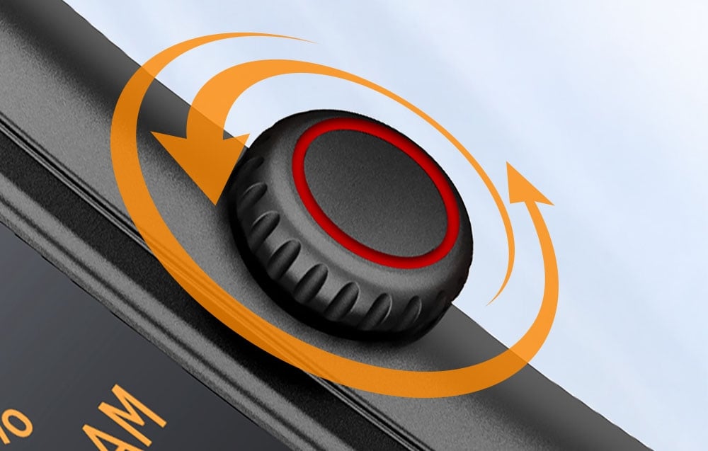 Detailný záber na korunku čiernych inteligentných hodiniek.