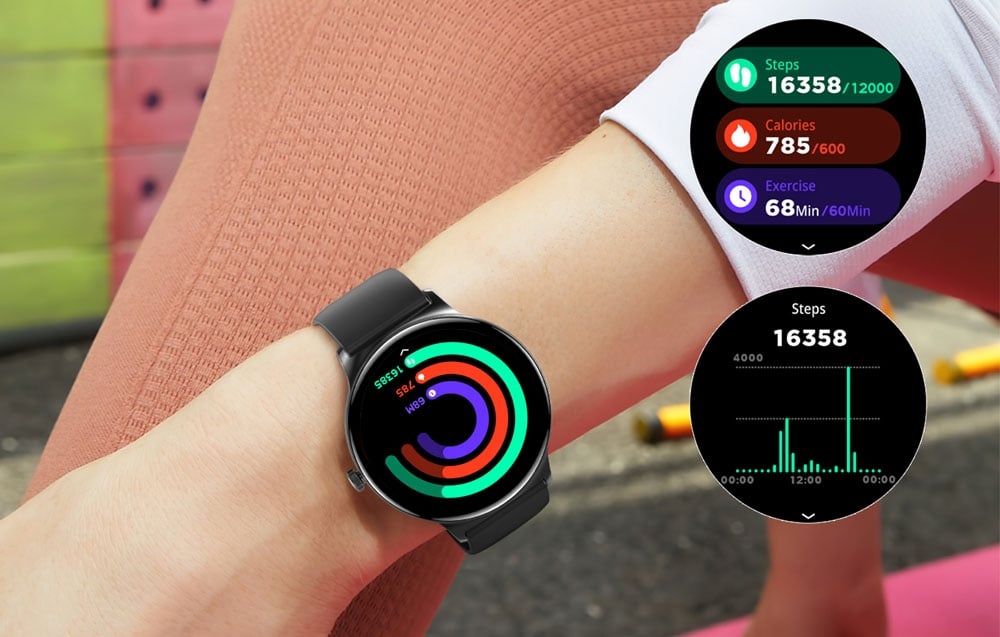 Čierne inteligentné hodinky zobrazujúce počet krokov, spálené kalórie a čas tréningu.