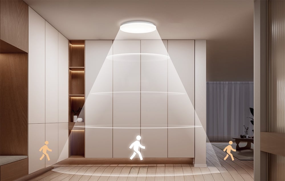 Stropné svietidlo Yeelight MercuryE C260 so senzorom prítomnosti namontované v hale, s vizualizáciou detekčného poľa senzora.