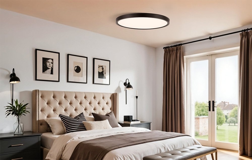 Stropná lampa Yeelight Meteor C230 v spálni s čalúneným záhlavím, tromi obrazmi na stene a veľkými balkónovými dverami.