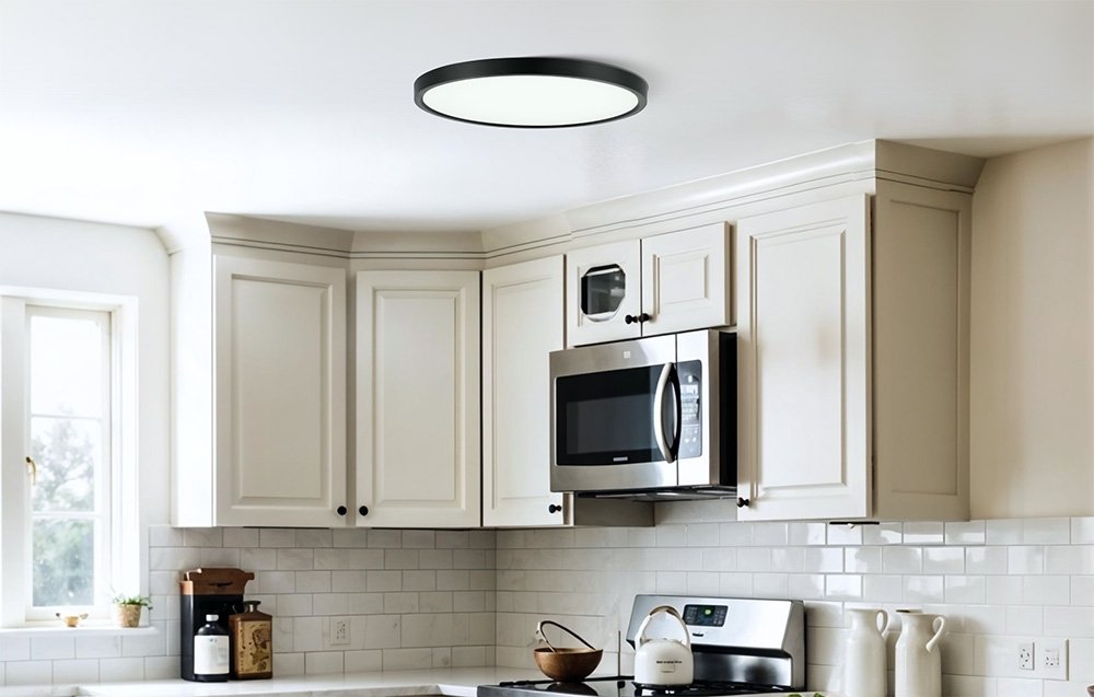 Stropná lampa Yeelight Meteor C230 nainštalovaná v svetlej kuchyni s bielymi skrinkami a kovovou mikrovlnnou rúrou.