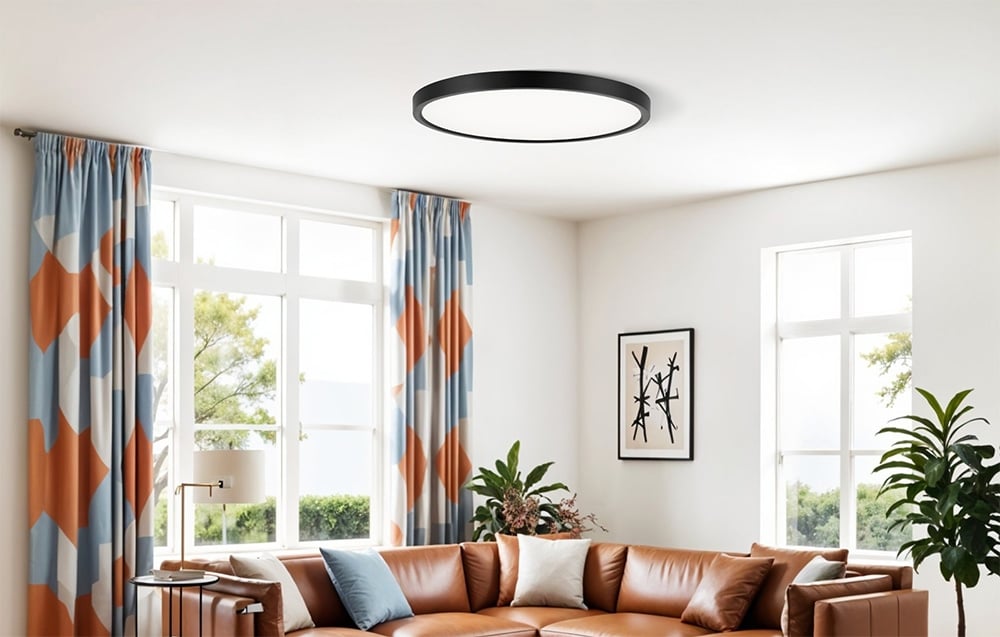Stropná lampa Yeelight Meteor C300 nainštalovaná v svetlej obývačke s hnedou pohovkou, farebnými závesmi a veľkými oknami.