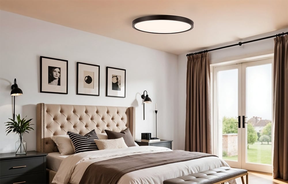 Stropná lampa Yeelight Meteor C300 v spálni s čalúneným záhlavím, tromi obrazmi na stene a veľkými balkónovými dverami.