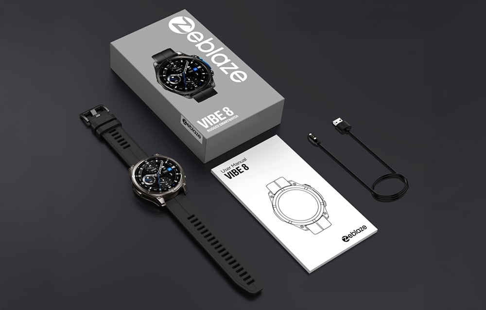 Krabička Zeblaze Vibe 8, inteligentné hodinky, príručka a nabíjací kábel usporiadané na tmavom pozadí