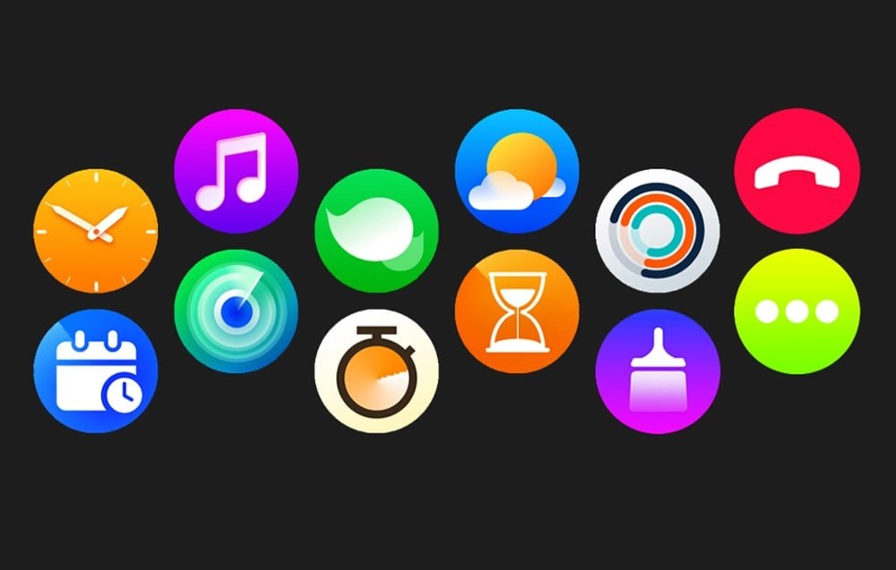 Súbor farebných ikon aplikácií usporiadaných v troch radoch na čiernom pozadí