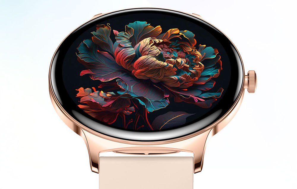Detailný záber na obrazovku inteligentných hodiniek s kvetom na tapete.