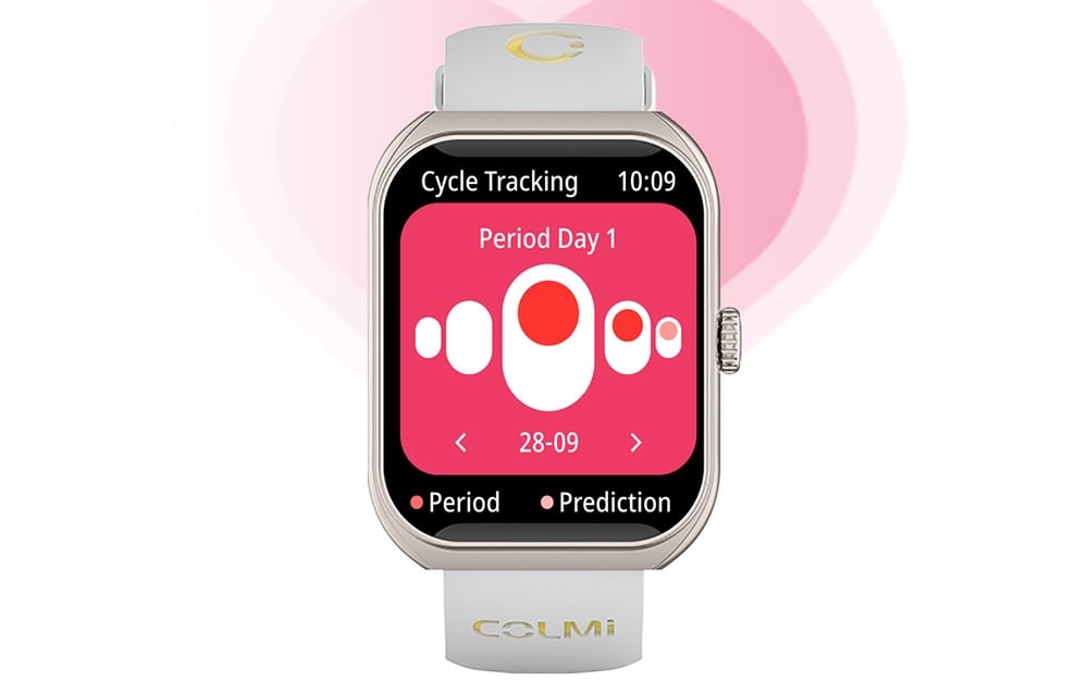 Strieborné inteligentné hodinky Colmi monitorujúce menštruačný cyklus.