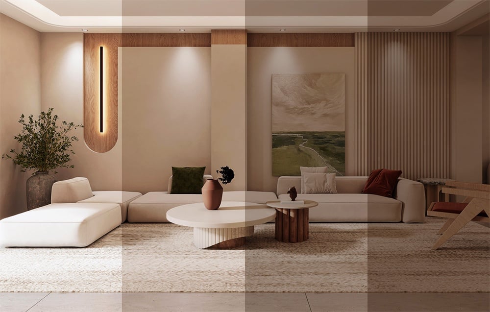 Stropné svietidlo Yeelight Meteor C230 osvetľujúce obývaciu izbu so svetlou pohovkou a konferenčným stolíkom.