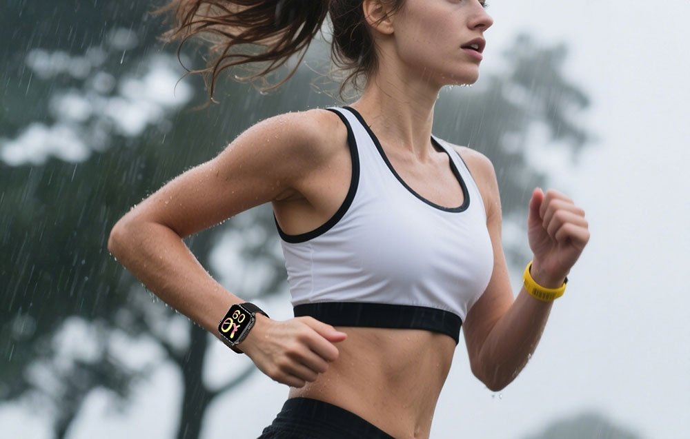 Žena beží v daždi so smart hodinkami na zápästí.