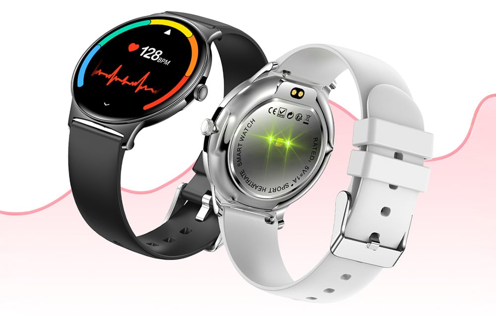 Čierne a sivé inteligentné hodinky na čiernom a bielom pozadí. Čierne inteligentné hodinky zobrazujúce meranie tepovej frekvencie.