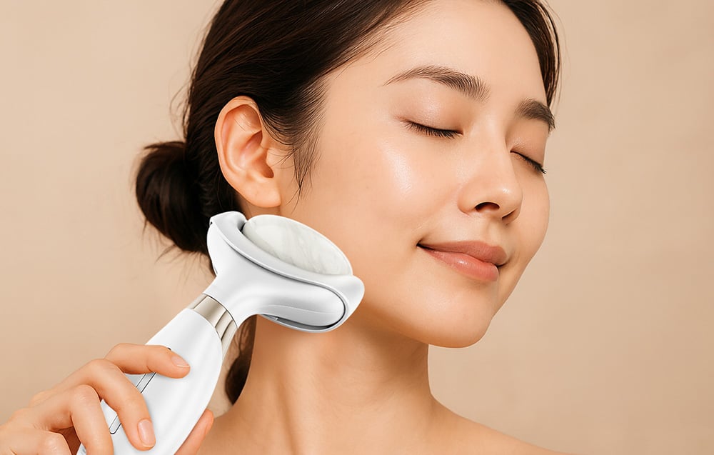 Žena používa masážny prístroj na tvár