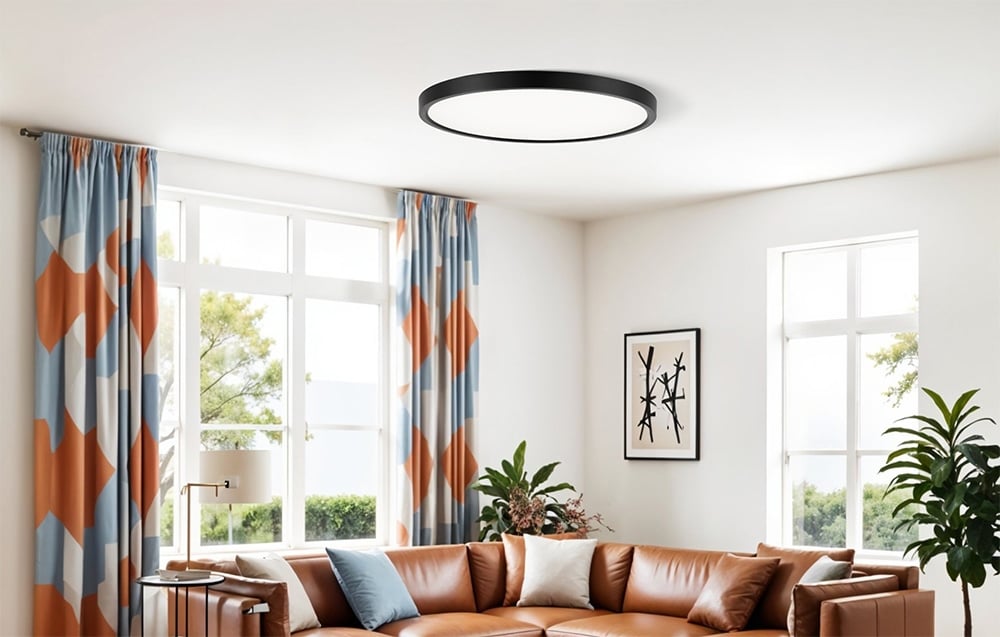 Stropné svietidlo Yeelight Meteor C230 nainštalované vo svetlej obývačke s hnedou pohovkou, farebnými závesmi a veľkými oknami.