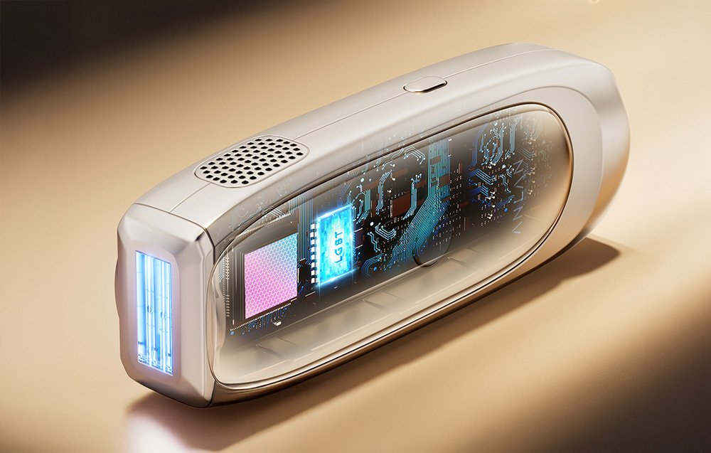 IPL epilátor s viditeľnými vnútornými komponentmi