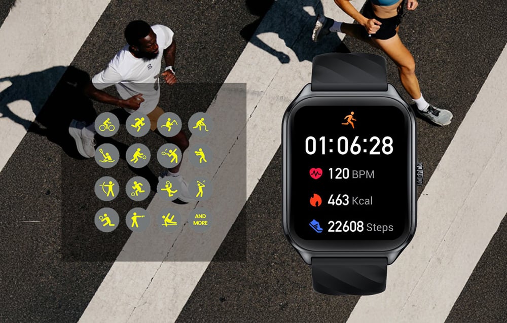 Čierne inteligentné hodinky zobrazujúce priebeh fyzickej aktivity, pričom ikony na ľavej strane predstavujú rôzne športy