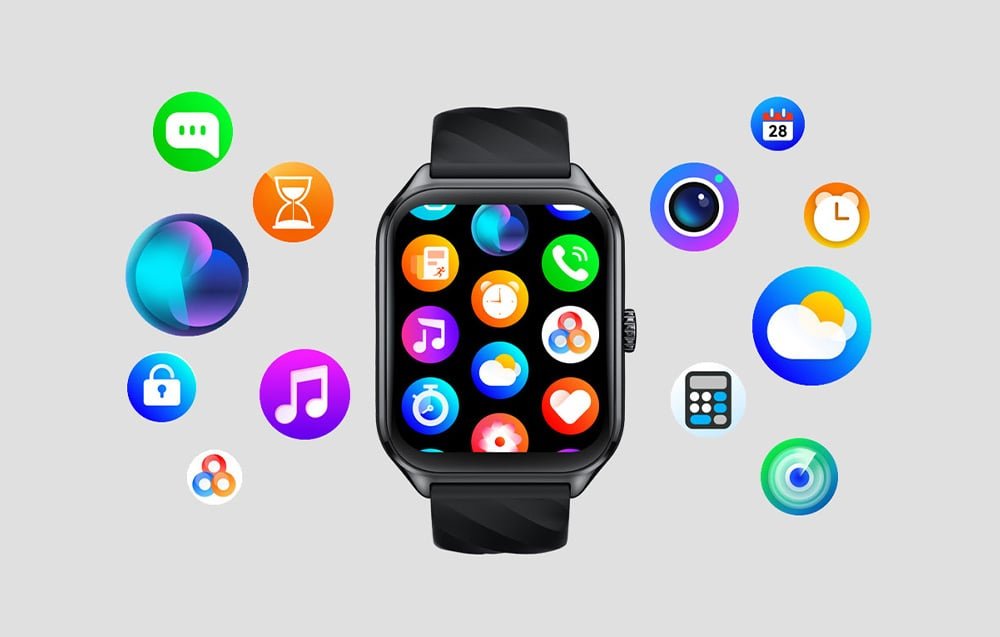 Inteligentné hodinky Zeblaze v čiernej farbe zobrazujúce rôzne ikony aplikácií a funkcií, okolo ktorých sú ďalšie ikony funkcií