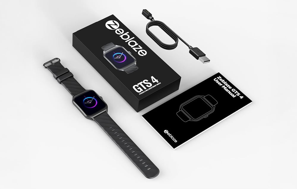 Súprava Zeblaze zobrazujúca inteligentné hodinky s remienkom, škatuľkou, nabíjacím káblom a používateľskou príručkou