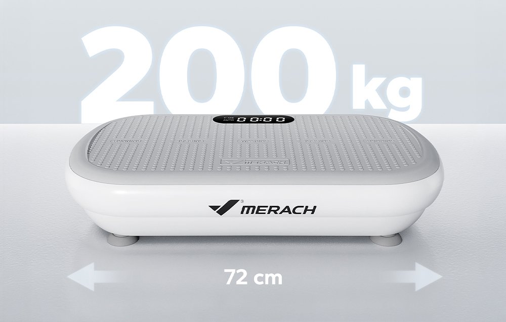 Vibračná platforma Merach s maximálnou nosnosťou 200 kg a dĺžkou 72 cm.