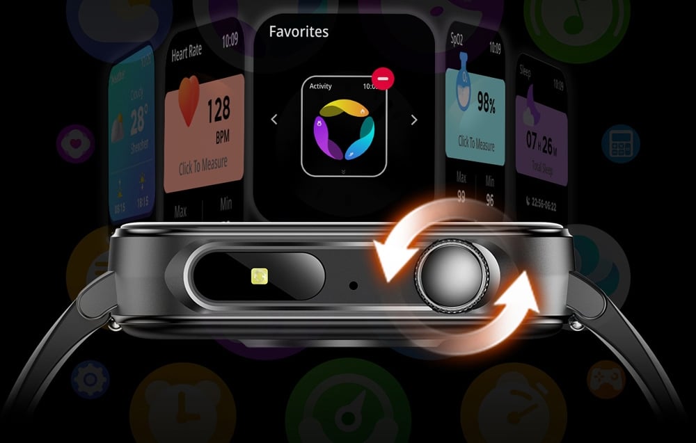 Inteligentné hodinky s korunkou na ovládanie hodiniek.