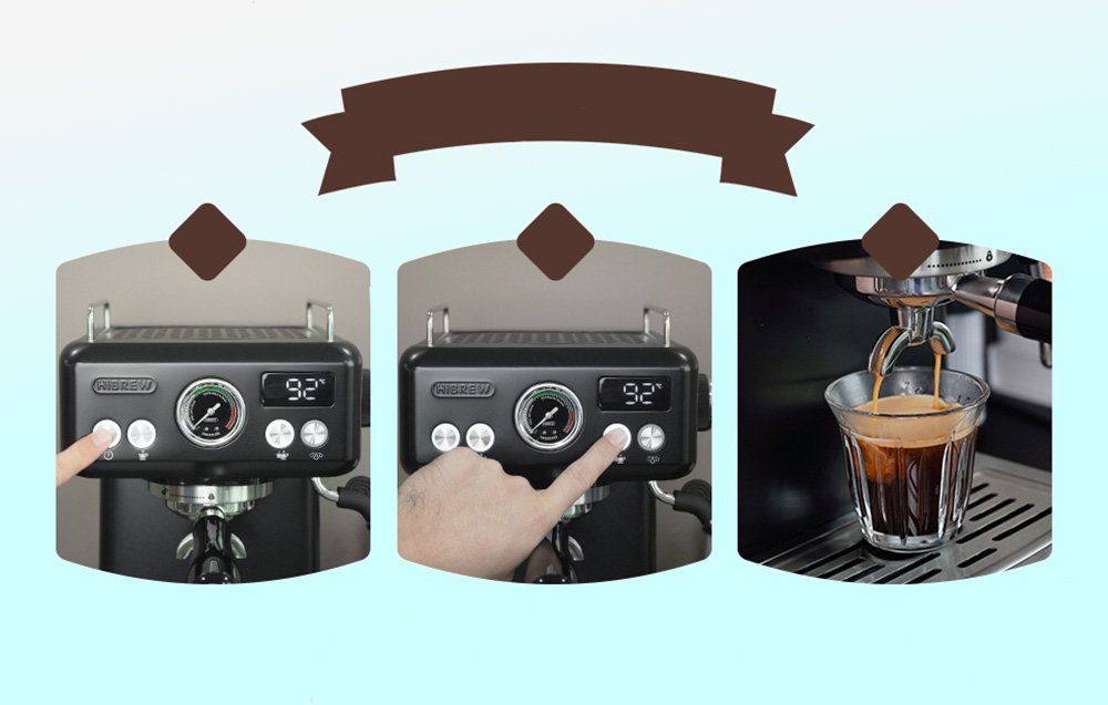 Trojkrokový obrázkový návod, ktorý ukazuje, ako obsluhovať kávovar: zapnutie tlačidla napájania, výber tlačidla na prípravu a hotová káva tečúca do pohára.