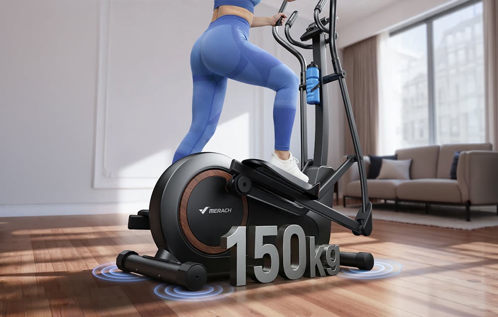 Žena v modrých legínach cvičí na eliptickom trenažéri Merach v svetlej miestnosti s nosnosťou 150 kg