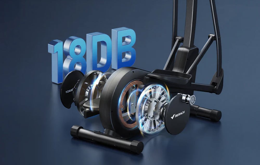 Rozobratý mechanizmus eliptického trenažéra Merach zobrazujúci systém s dvojitým zotrvačníkom s hlučnosťou 18 dB