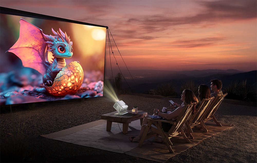 Tri osoby sedia na ležadlách vonku pri západe slnka a pozerajú film z projektora premietaný na veľkej obrazovke s animovaným drakom