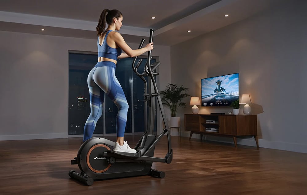 Žena v modrom športovom oblečení cvičí na eliptickom trenažéri Merach v modernej obývačke s výhľadom na nočné mesto