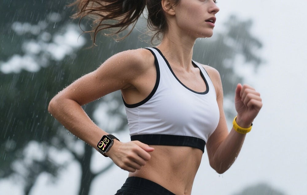 Žena bežiaca v daždi so smart hodinkami na zápästí.