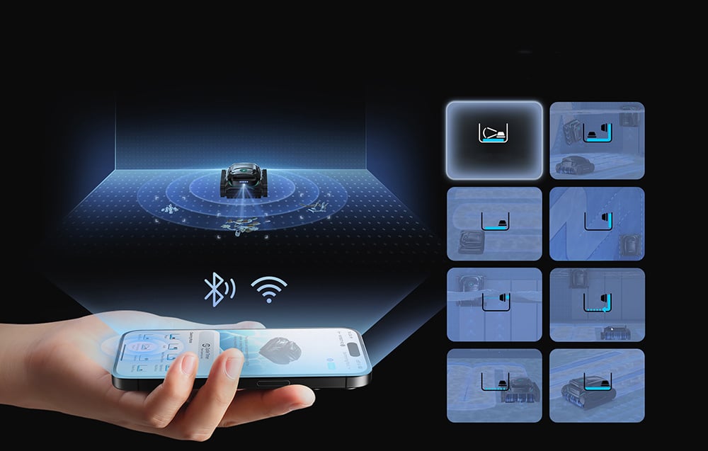 Smartphone ovládajúci robot Wybot M2 cez Bluetooth s ikonami prevádzkových režimov