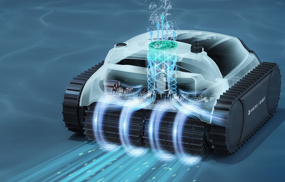 Rez robotom Wybot M2 s grafikou zobrazujúcou filtračný systém a tok vody