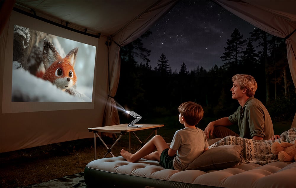 Otec a syn sedia pod stanom a pozerajú animáciu s líškou premietanú projektorom Zip