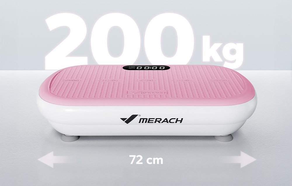 Vibračná platforma Merach s maximálnym zaťažením 200 kg a dĺžkou 72 cm.
